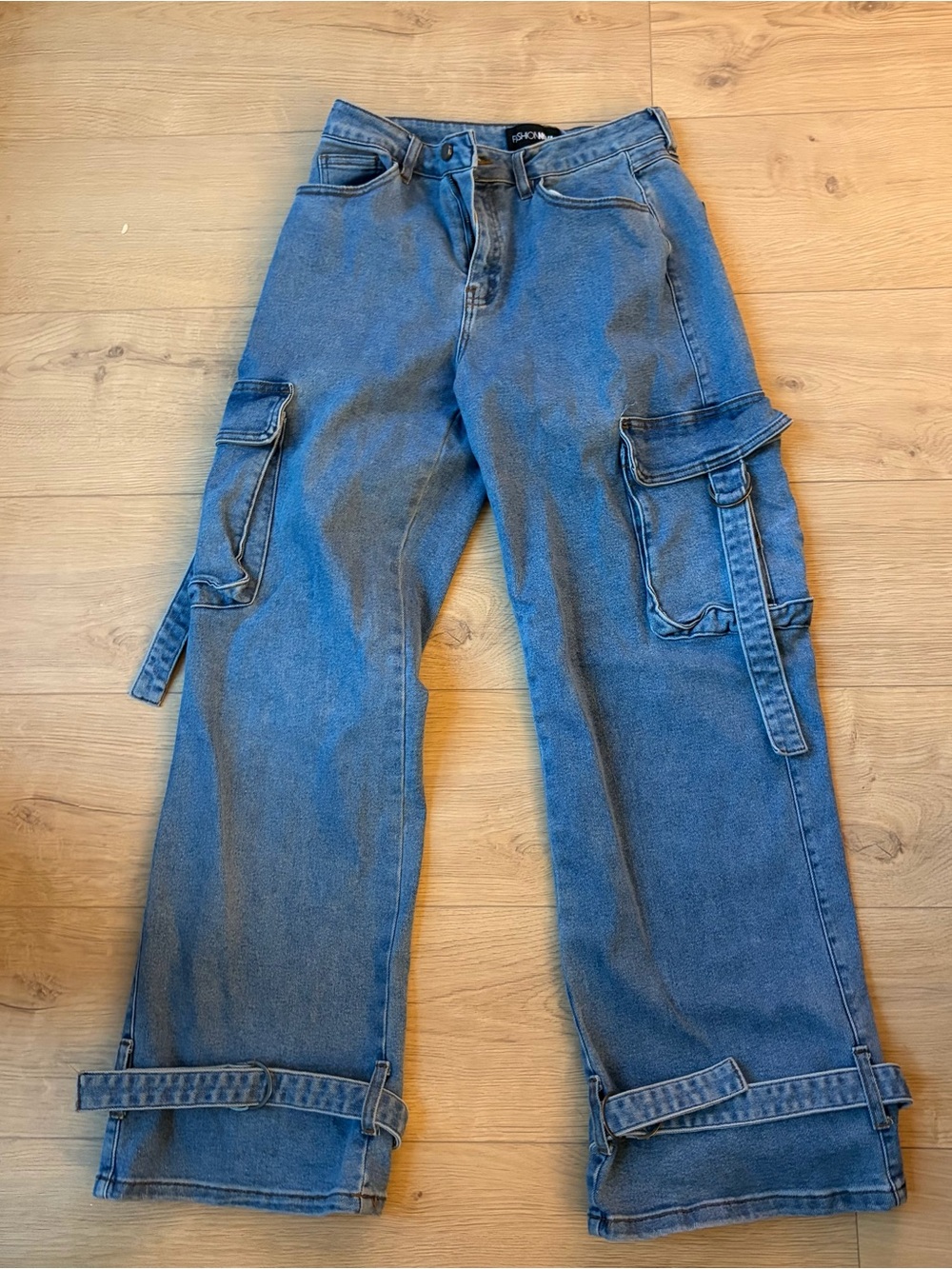 Fashion Nova Blue Cargo Jeans with Utility Pockets and Leg Belts